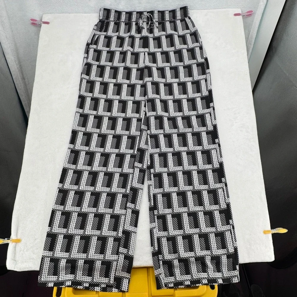 New Karl Lagerfeld Paris Womens Black White Geometric Wide Leg Pants Size Small - Picture 5 of 7